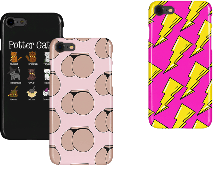 3 Fun Cases: 1. Harry Pawter - Harry Potter Cats Phone Case. 2. Kim K Bootay - Kim Kardashian Phone Case. 3. Pop Art Lightning Phone Case