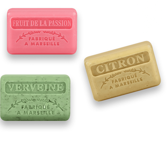 3 Natural French soap bars. Fabrique A Marseille - Fruit de le passion, Verveine, Citron