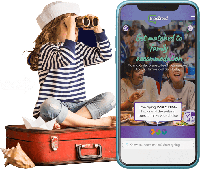 tripAbrood - 'Get matched to family accommodation' mobile homepage. Girl sat on suitcase dressed as a sailor looking through binoculars