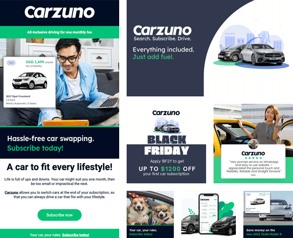 Carzuno cohesive brand assets. Email template, social media posts, banners and adverts