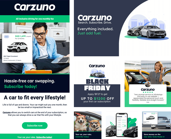 Branding service tailored to your business Carzuno cohesive brand assets. Email template, social media posts, banners and adverts