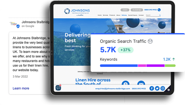 Johnsons Stalbridge Linen Services SEO results and webpage in tablet
