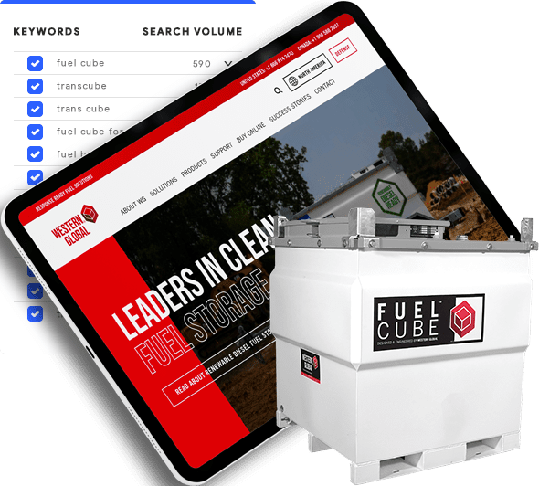 Western Global TransCube Global fuel tank, Keyword search volume results and webpage in tablet screen